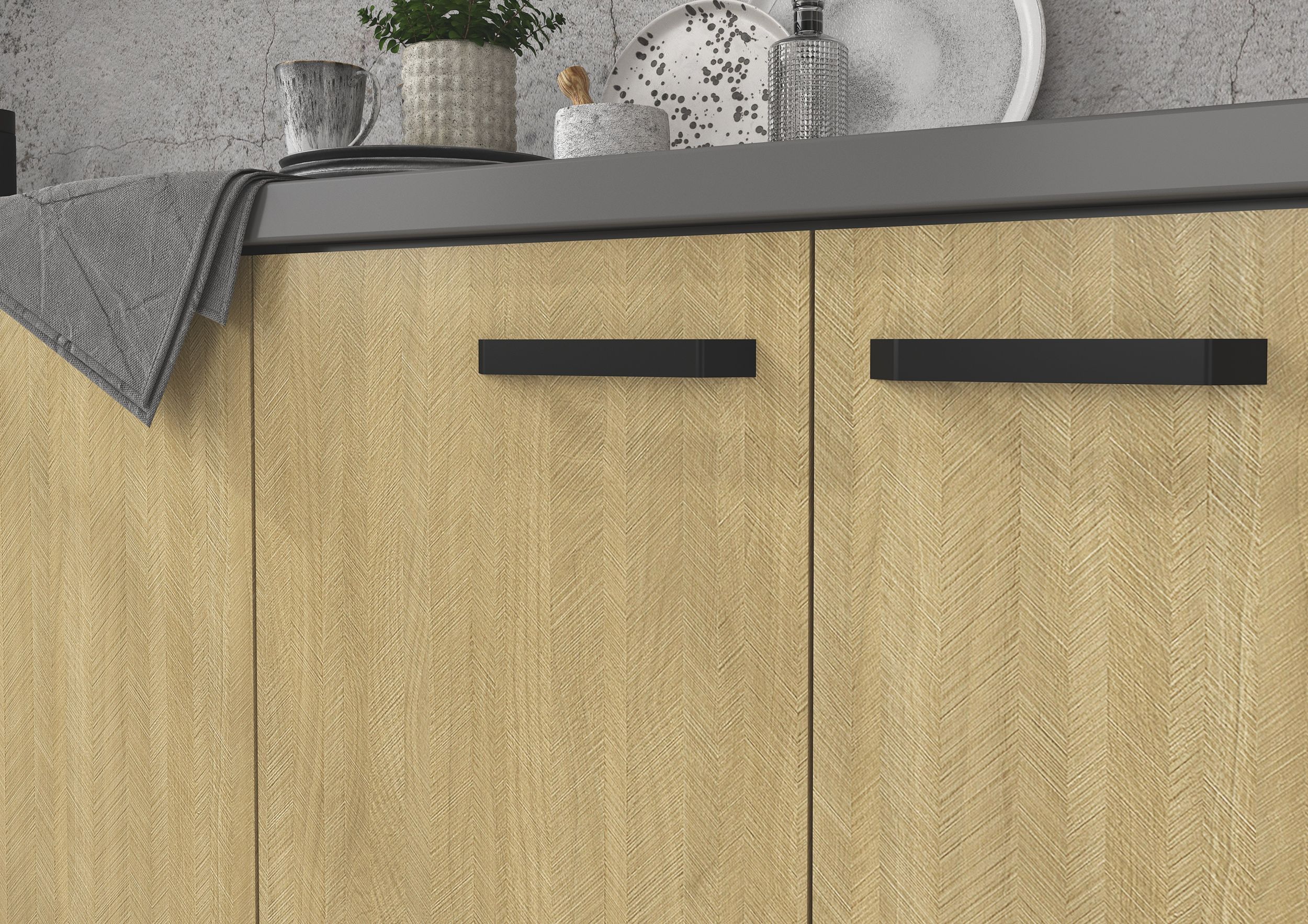 Küche SCANDI 220 + 120 cm Fischgrät Optik Küchenzeile Küchenblock Einbauküche