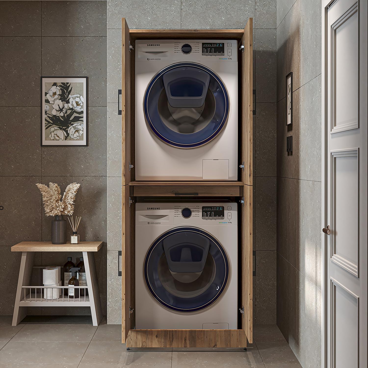 ROOMART Dora Armoire de machine à laver, pour sèche-linge et machine à laver, en 4 couleurs, avec portes et planche coulissante (chêne anthracite)