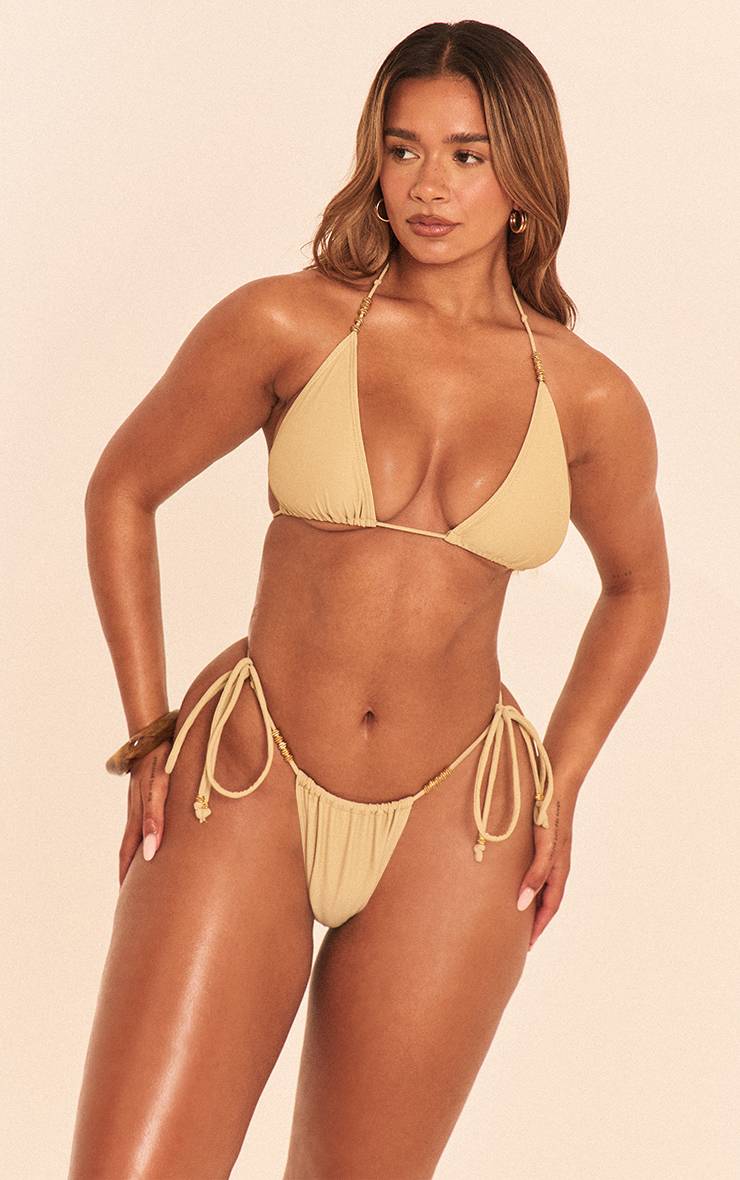 Vert Olive Bas De Bikini Tanga À Perles Dorées Shape
