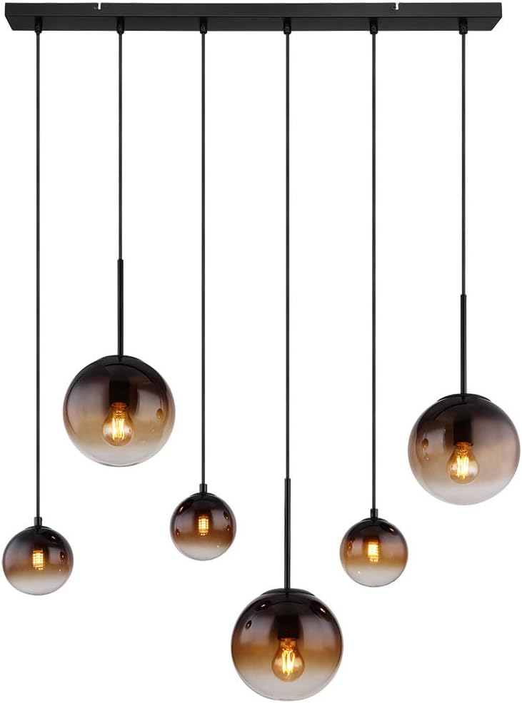 Pendelleuchte Esszimmerlampe Hängeleuchte Deckenlampe Wohnzimmerleuchte, Metall Glas amber rauchfarben schwarz, 3x E27 3x G9, 6 Flammig, H 117 cm