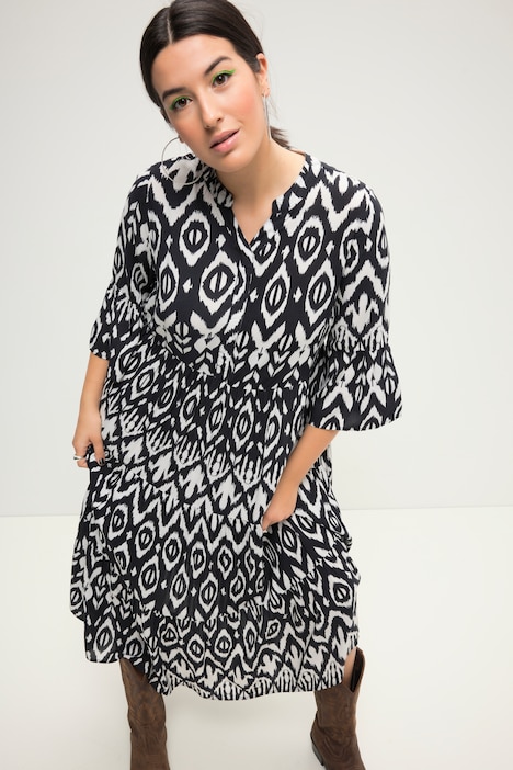 Maxikleid, A-Line, Black&White Print, Tunika-Ausschnitt, 3/4-Ärmel