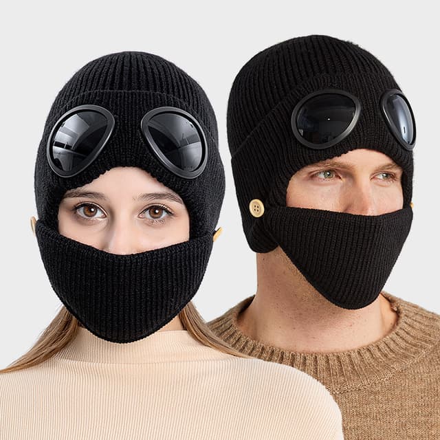 Strikket hue med briller og maske Sort