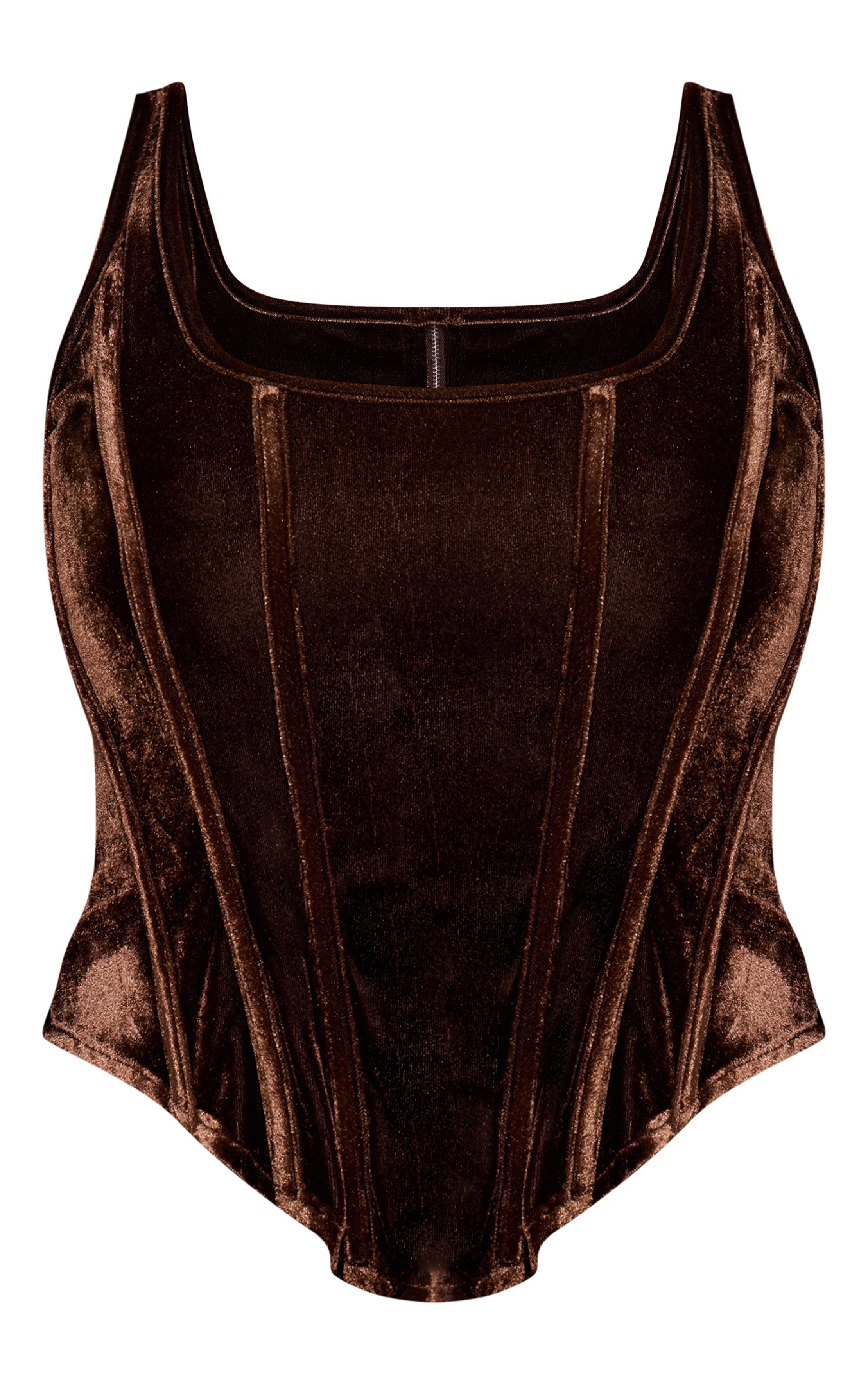 Chocolat Corset Long À Baleines En Velours Avec Ourlet Plongeant