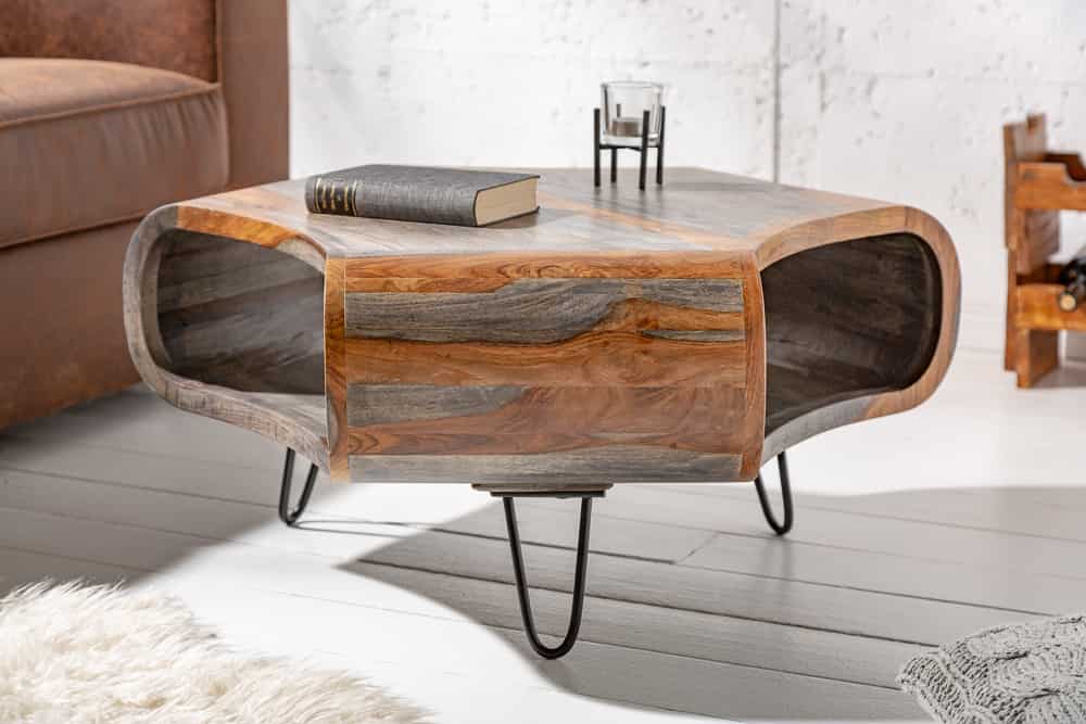 Retro Couchtisch ORGANIC LIVING 80cm grau smoke finish Sheesham Palisander Massivholz Hairpin Legs