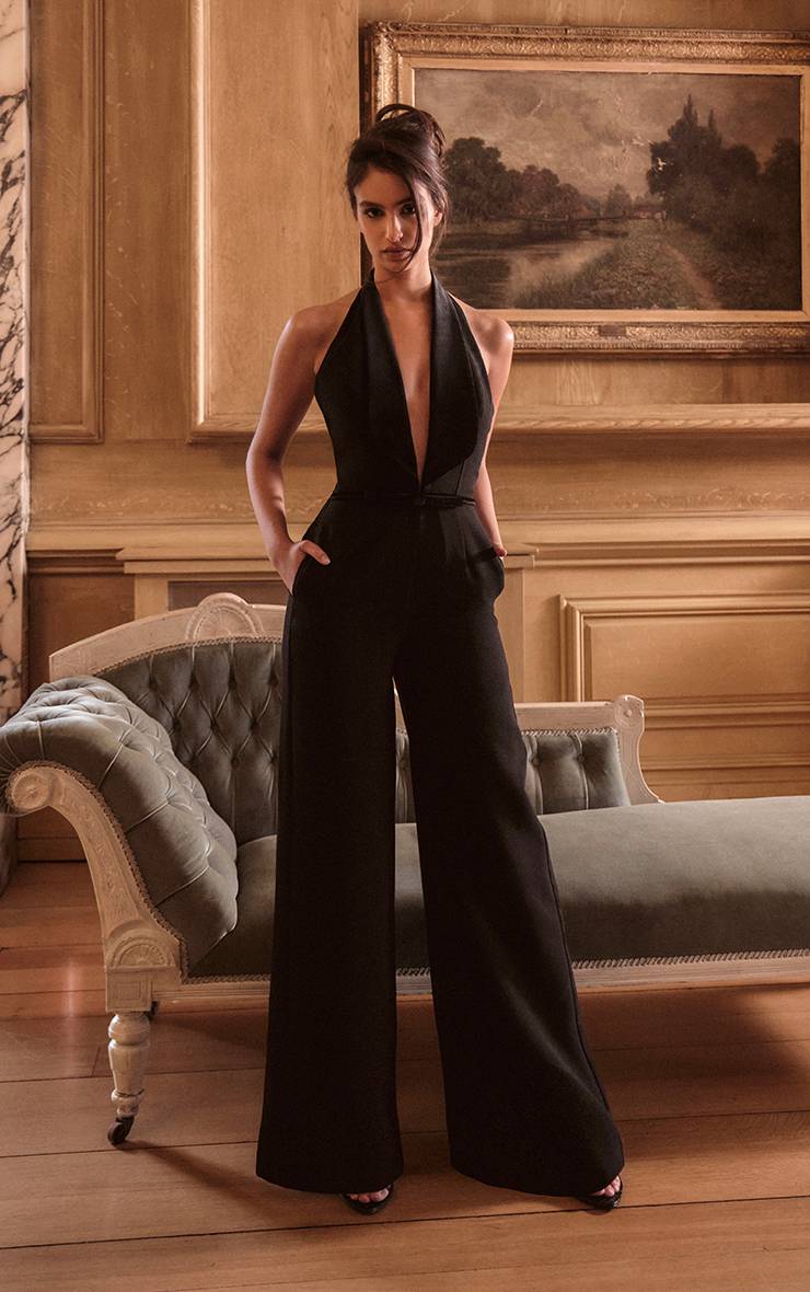Noir Combinaison Pantalon Large À Détail Nœud En Velours Plt Label