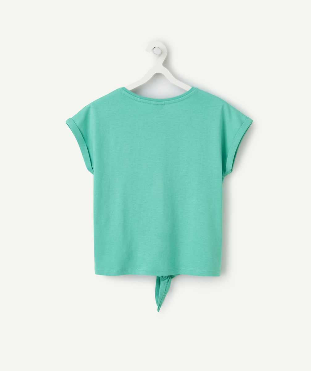 t-shirt manches courtes fille en coton bio vert avec noeud