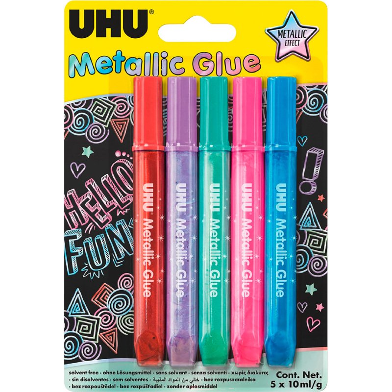 Colle pailletée Glitter Glue UHU couleurs Metallic - Etui de 5
