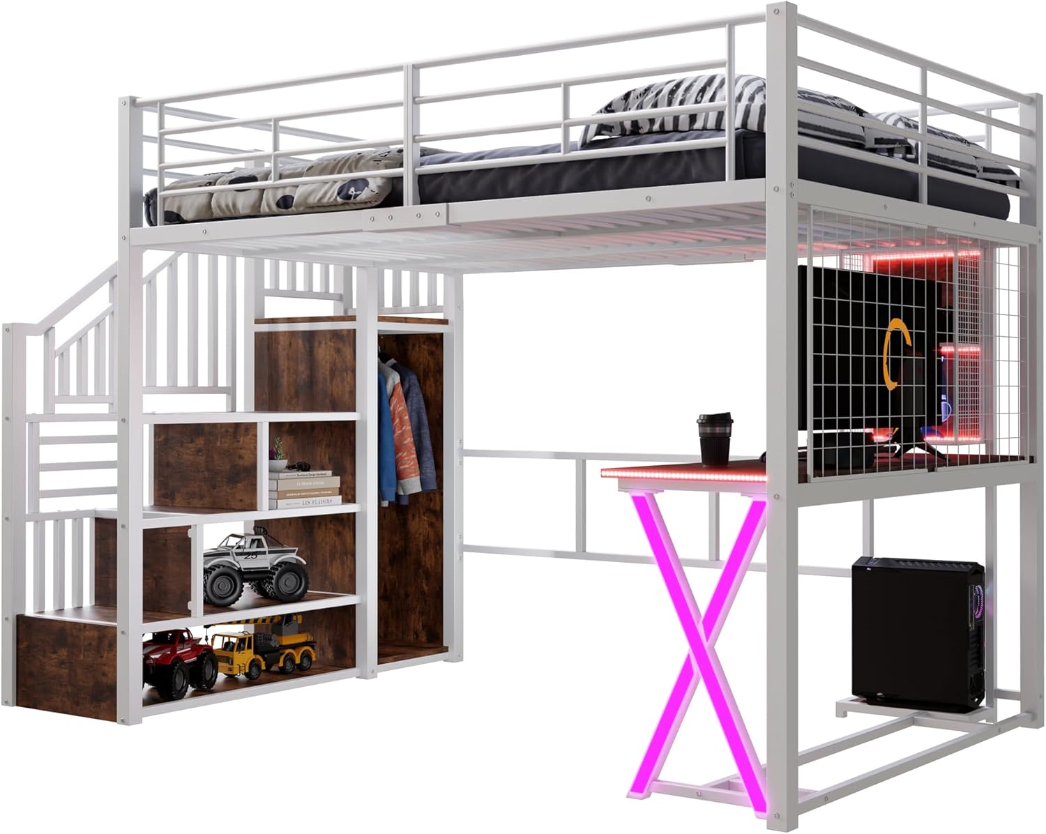 LED Hochbett 140x200 cm mit Schreibtisch, Bücherregal, Treppe und Kleiderschrank, Etagenbett mit Lattenrost, Funktionsbett Metallbett Spielbett Kinderhochbett Jugendhochbett, ohne Matratze, Weiß