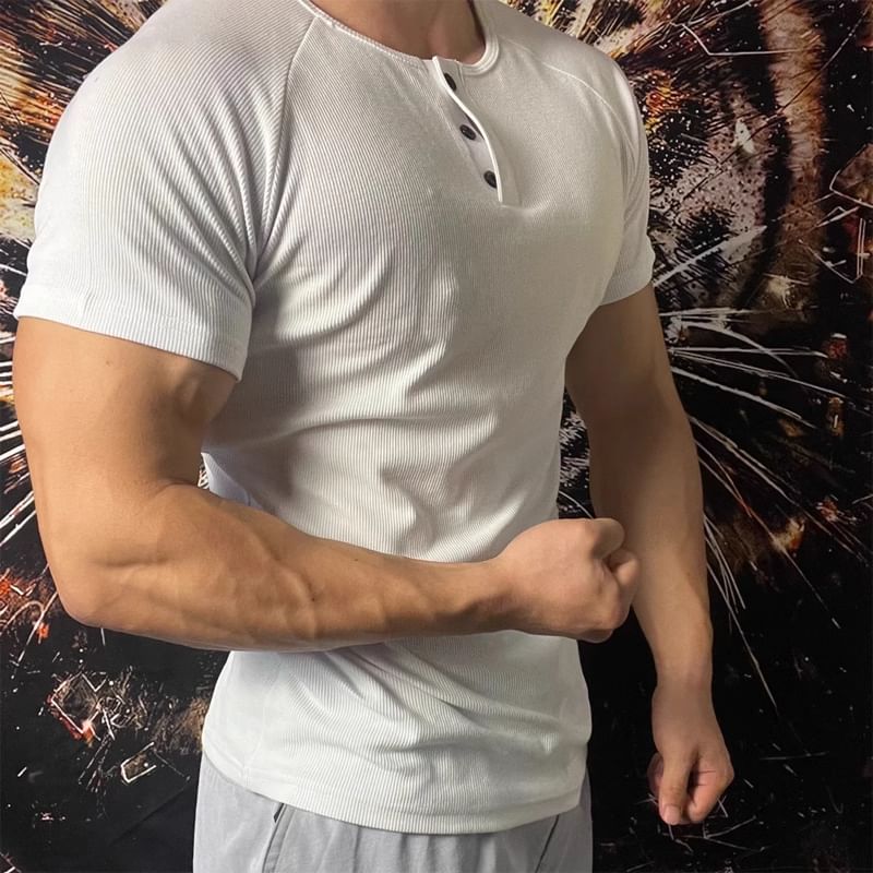 fluffush - Henley effen geribbeld T-shirt met korte mouwen