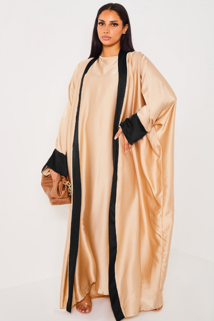 Ensemble 2 pièces robe + kimono beige à bandes noir