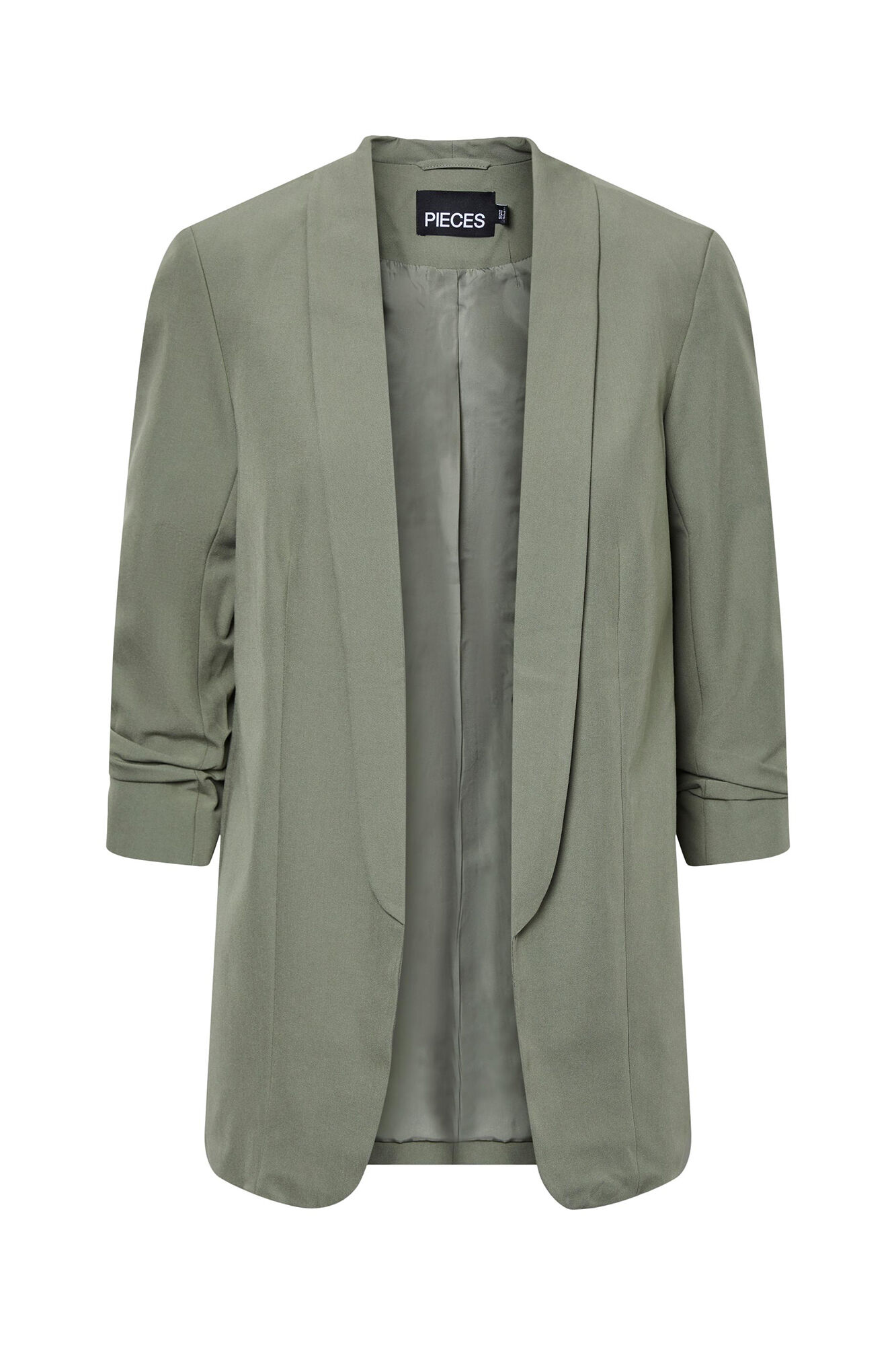 Blazer de manga 3/4 com detalhe de lapela e mangas franzidas. Sem botões.