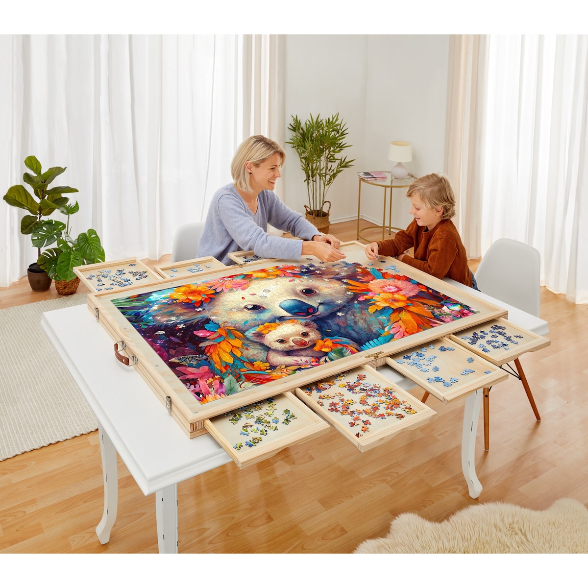 genialo - Puzzletisch mit 8 Schubladen, klappbar, inkl. Abdeckung, 1500 und 3000 Teile