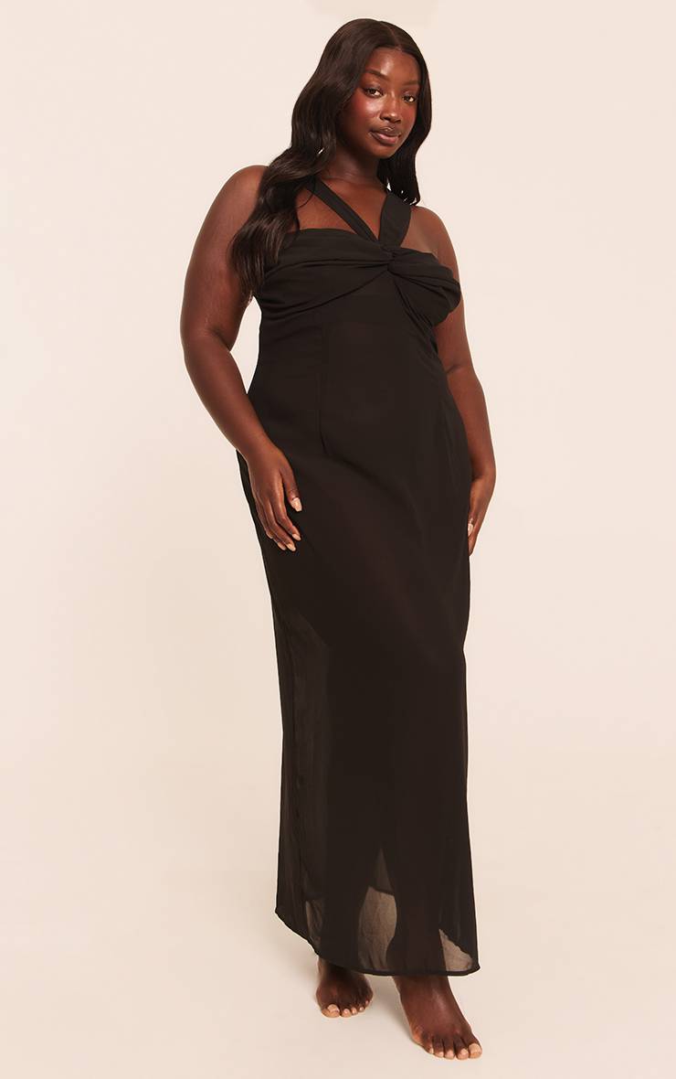 Noir Robe De Plage Longue En Mousseline Froncée Grande Taille