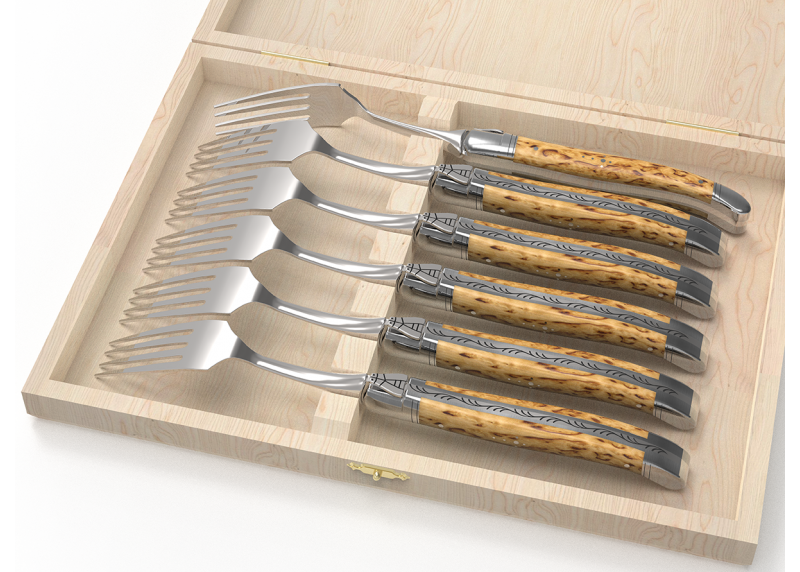 Service de 6 fourchettes Laguiole avec un manche en bois de bouleau et mitres en acier inoxydable