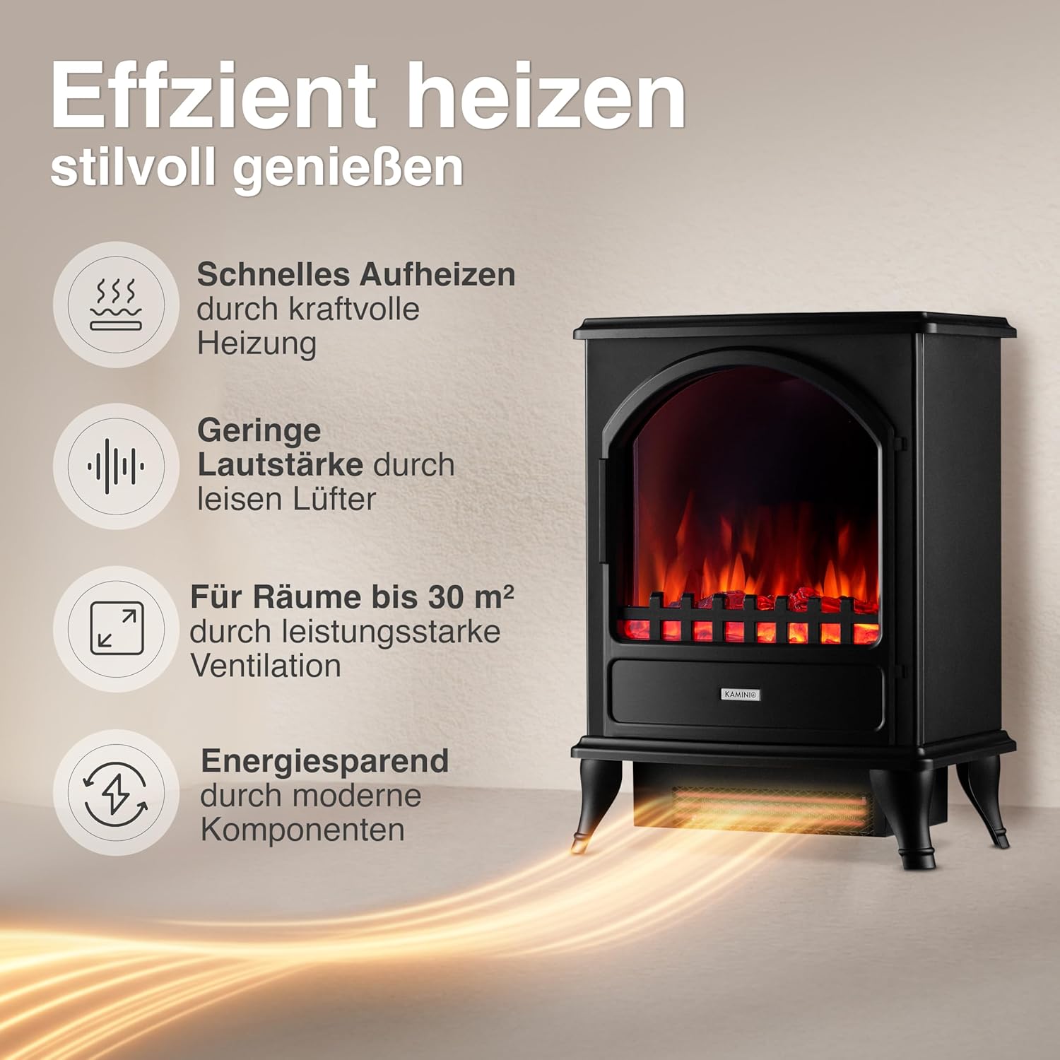 Elektrokamin Leni - Elektrischer Kaminofen mit Heizung, 3D-Flammeneffekt (Schwarz)