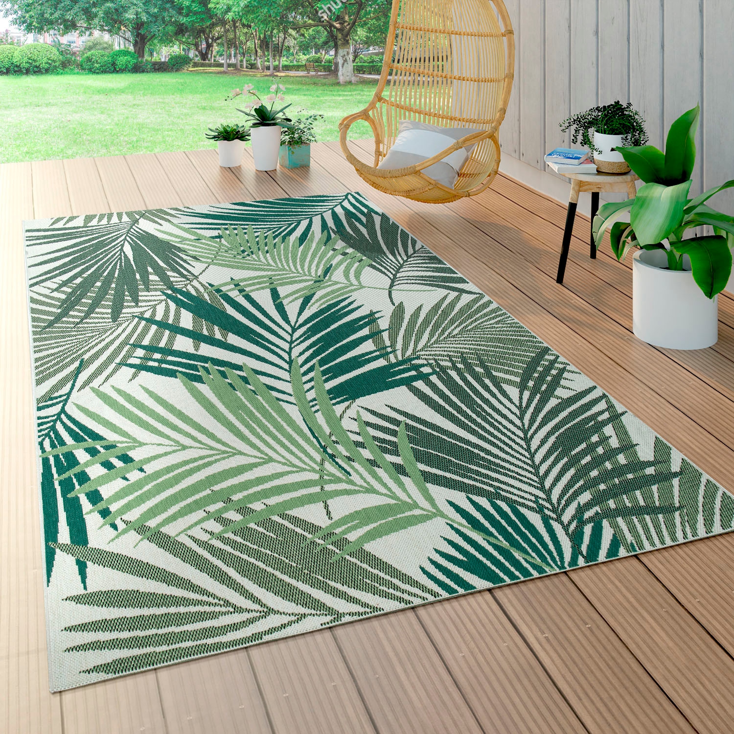 Paco Home Teppich »Ostende 534« rechteckig 4 mm Höhe Flachgewebe, Motiv Palmenblätter, In- und Outdoor geeignet, Wohnzimmer