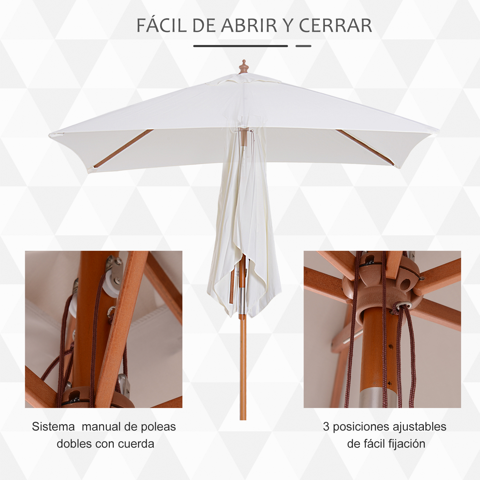 Guarda-sol de jardim Outsunny, retangular, inclinável, 200x150x235 cm, com proteção UV, impermeável e mastro de madeira, ideal para praia e pátio, cor creme.
