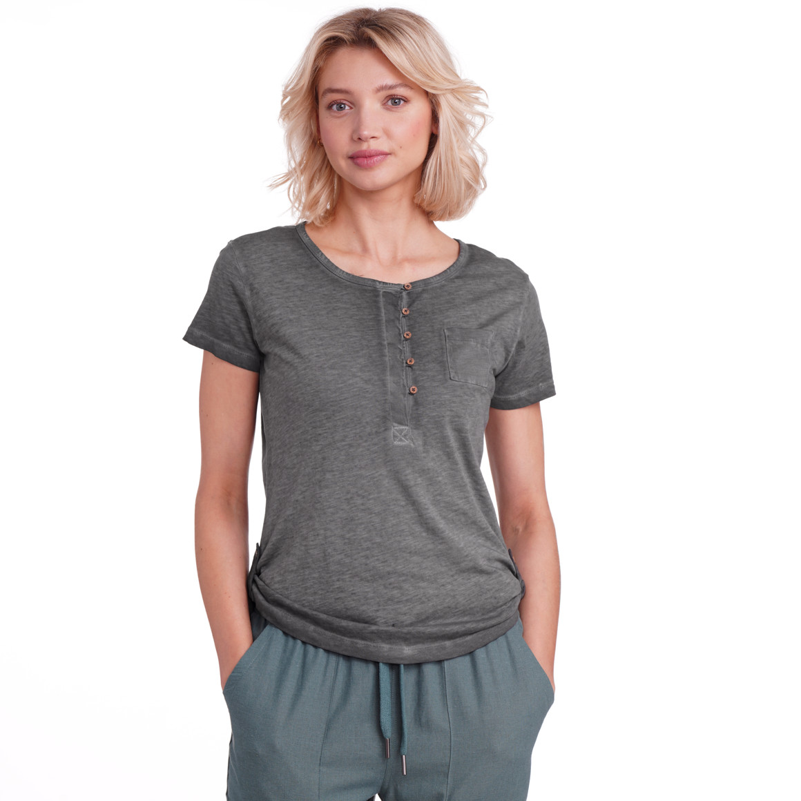 Gina Damen T-Shirt mit Knopfleiste dunkelgrau