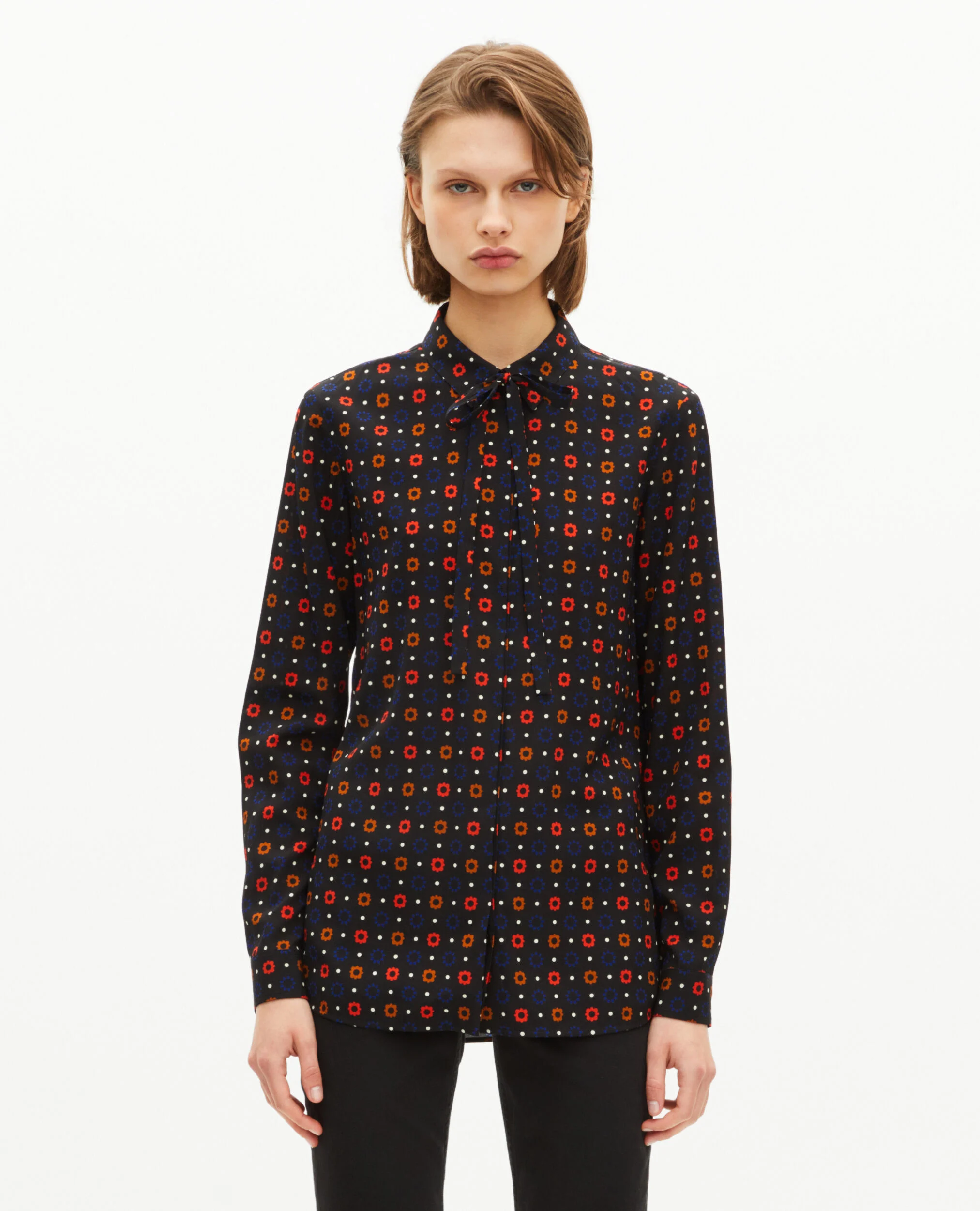 Chemise imprimée pois et fleurs en soie mélangée noire