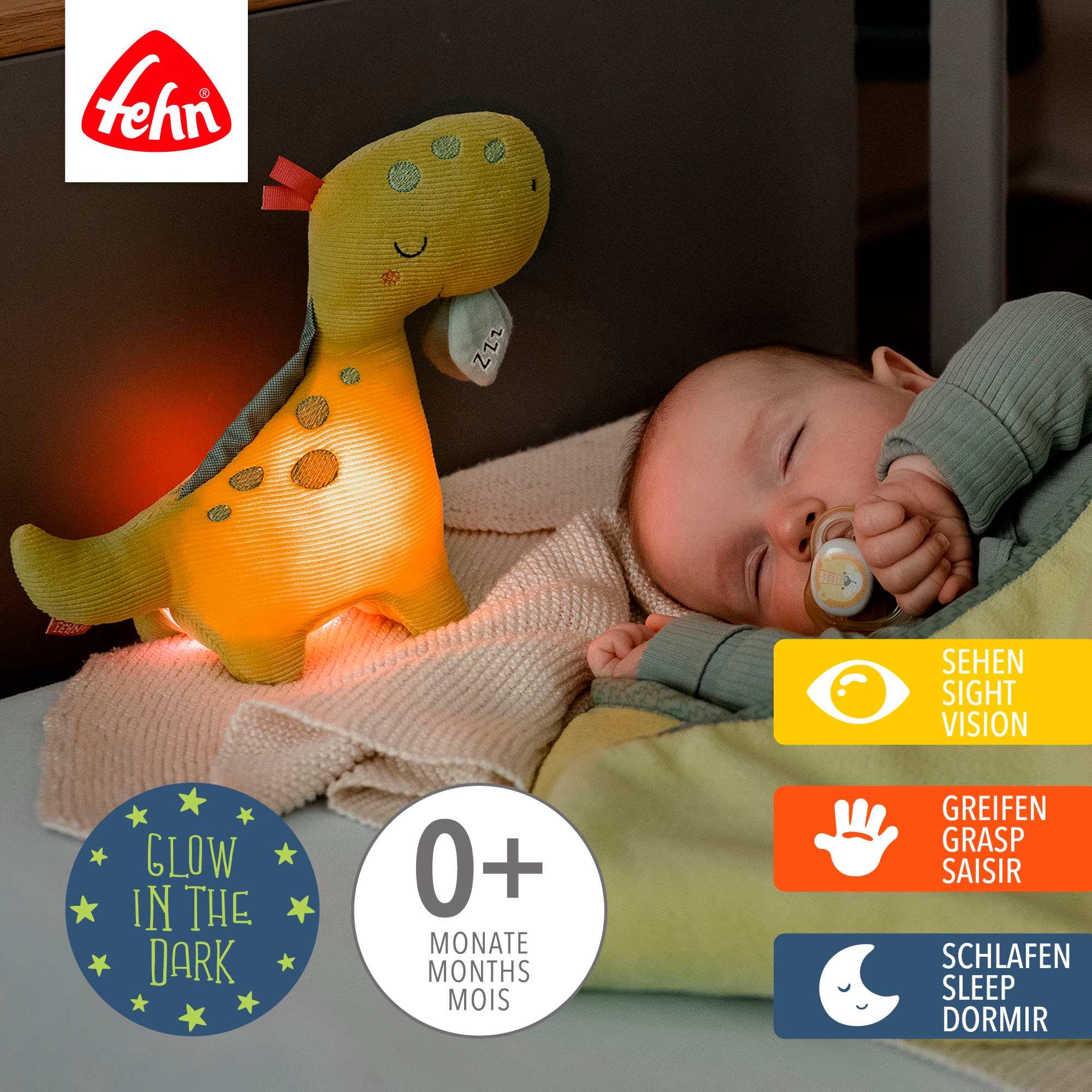 Fehn Kuscheltier »Happy Dino« mit »Glow-in-the-dark«-Bestickung & Nachtlicht-Modul
