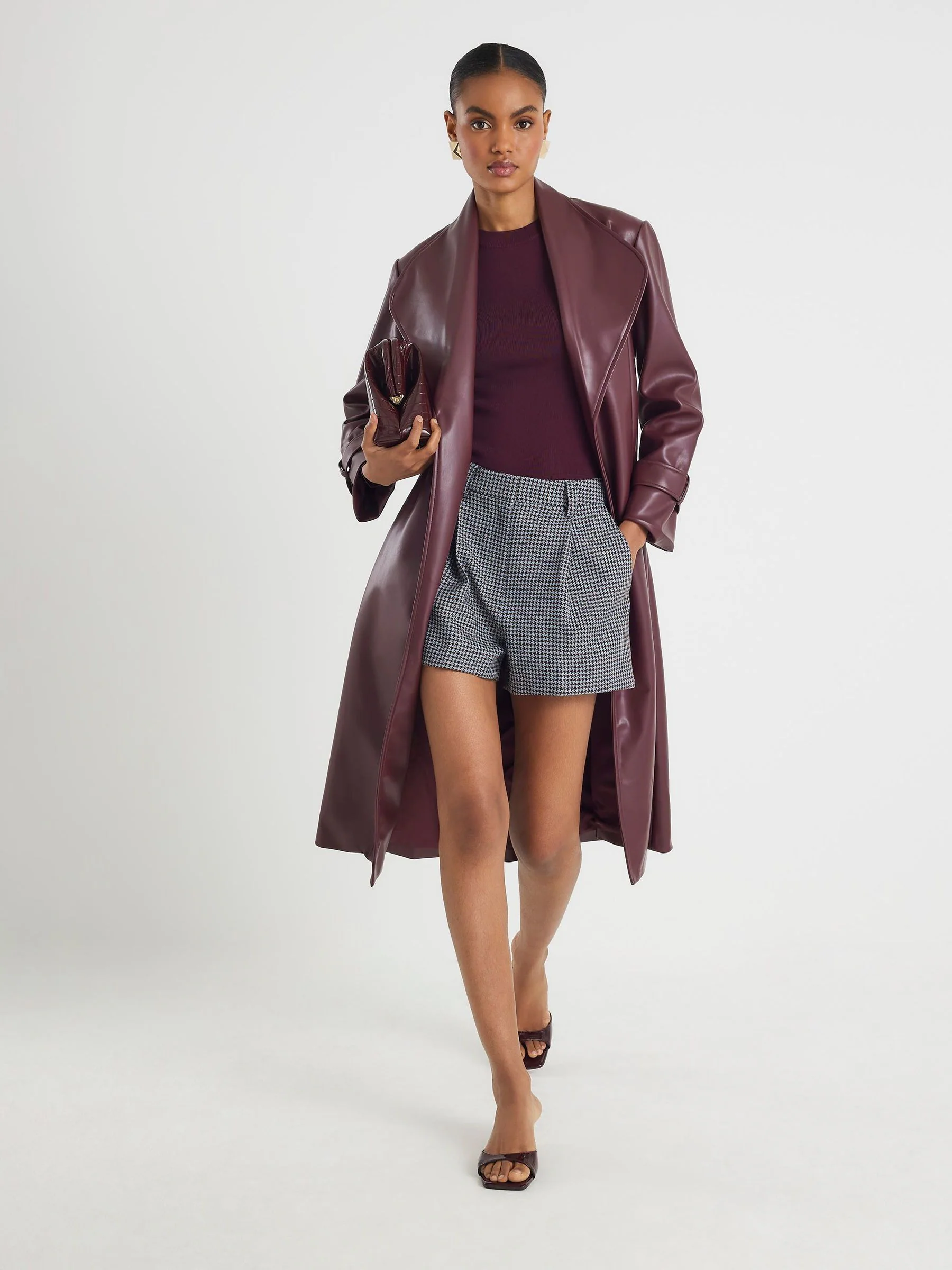 River Island Faux Leather Long Line Belted Wrap Coat