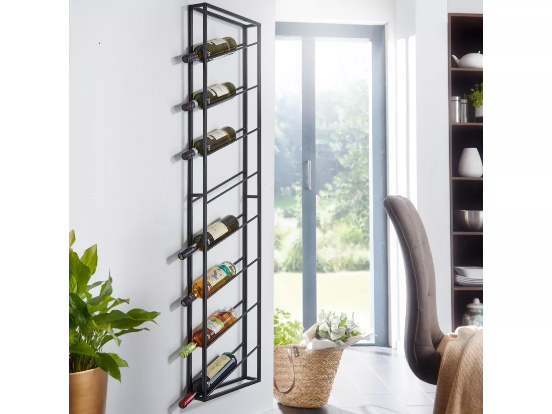 Casier à Vin Mural Métal Noir 36x150x8cm Étagère Porte-bouteilles Étroit