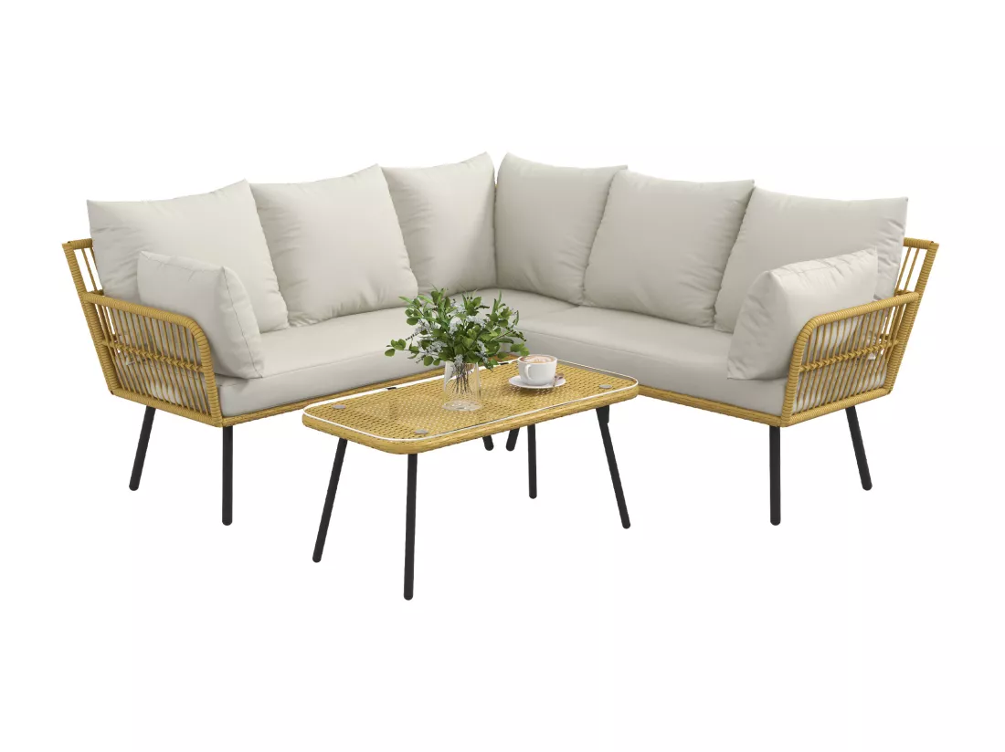 Salon de jardin d'angle 5 places style bohème chic - coussins, table basse inclus - résine tressée aspect rotin