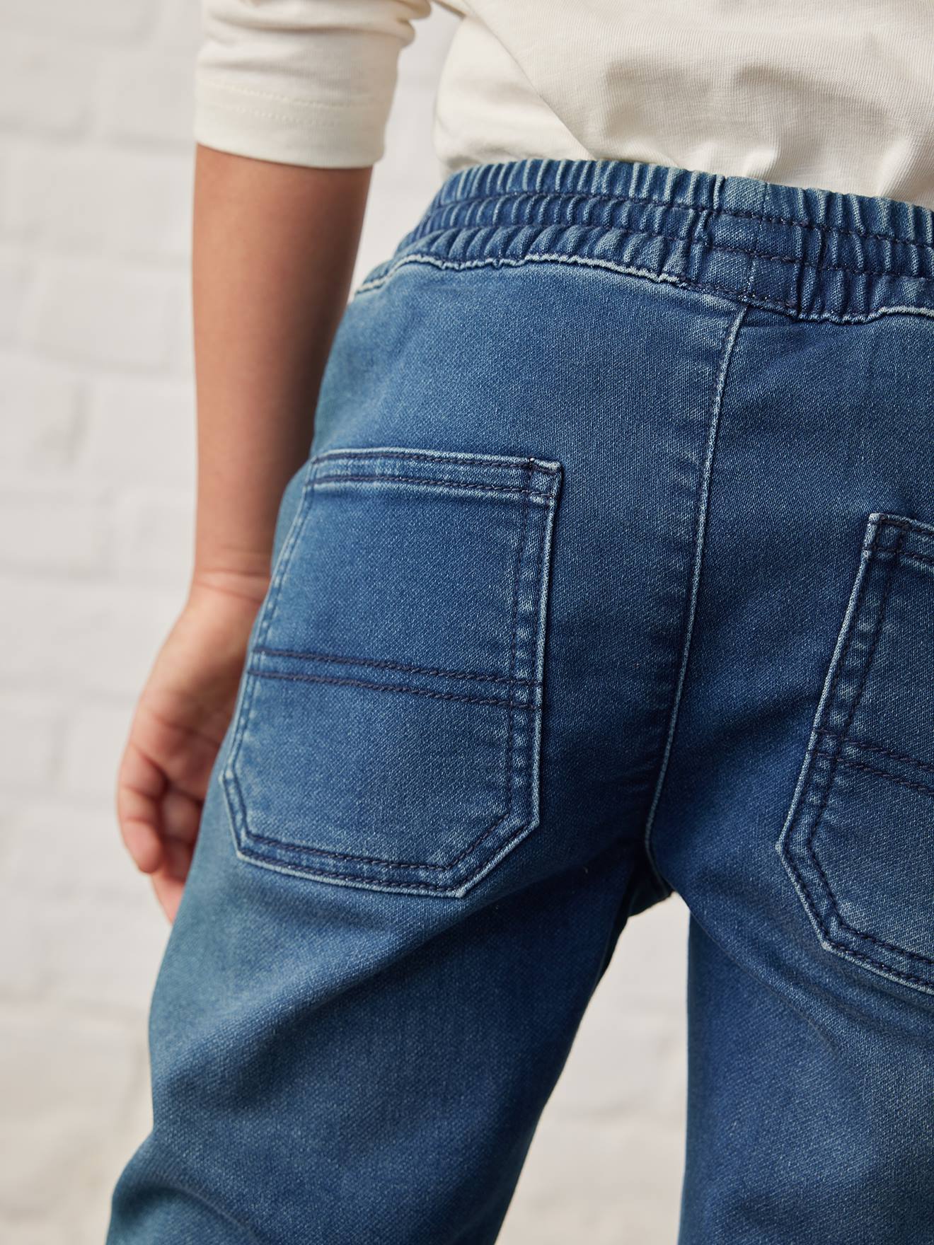 Calças de moletom azul-escuro com efeito fleece, fáceis de vestir, para meninos, com efeito jeans.