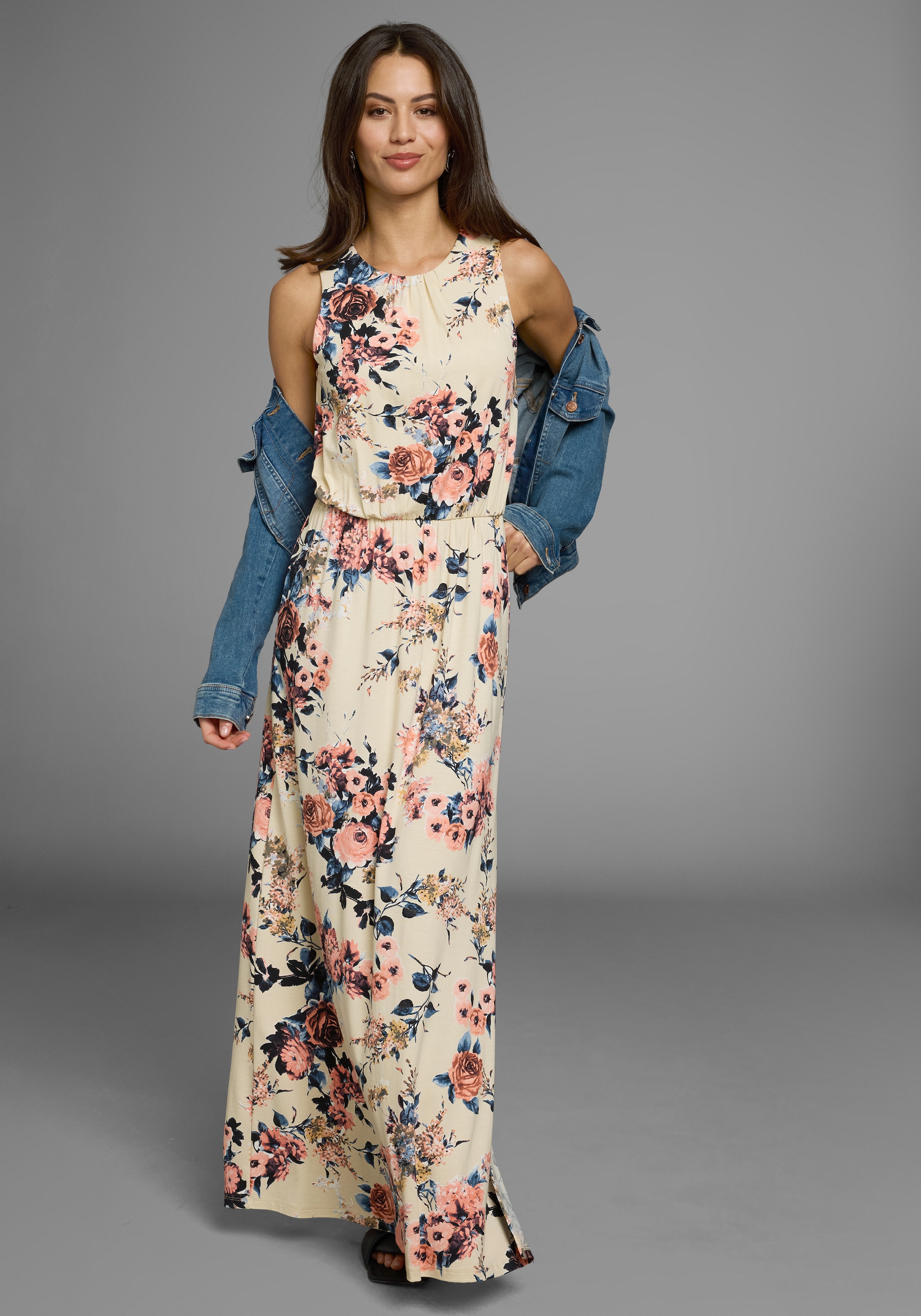 Laura Scott Sommerkleid mit hohem Rundhals vorn und tiefem hinten, Maxikleid