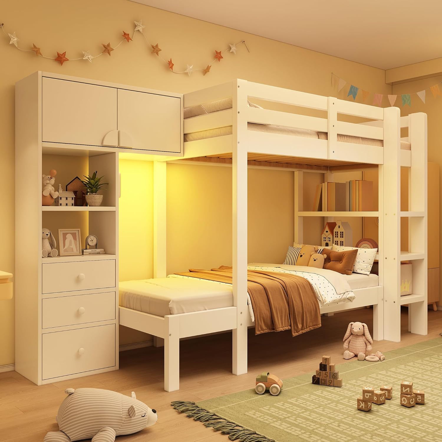 Kinderbett 90x200 mit Schrank, Etagenbett 2 Kinder mit Regal & Schubladen, Hochbett mit Intelligentem Nachtlicht, Hochbett Kinder, Hausbett, Versetztes Design, Weiß