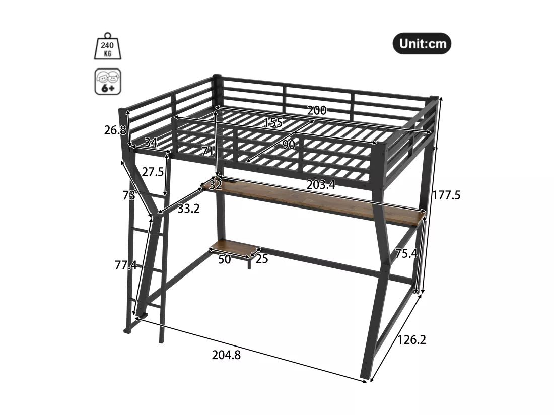 Lit mezzanine 90 x 200 cm avec bureau, prise+USB et étagères - Lumière d'ambiance - Métal - Noir (sans matelas)