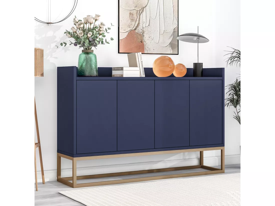 Buffet bas 4 portes - Bois en MDF et pièds en métal - Style moderne - Coloris bleu - 120 x 30 x 80 cm