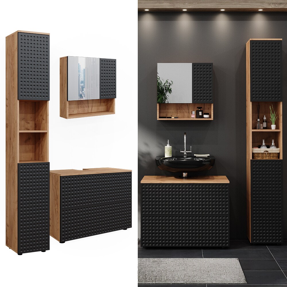 Vicco Badmöbel-Set Irma Eiche Anthrazit 3-teilig Hochschrank Waschbeckenschrank 80 cm