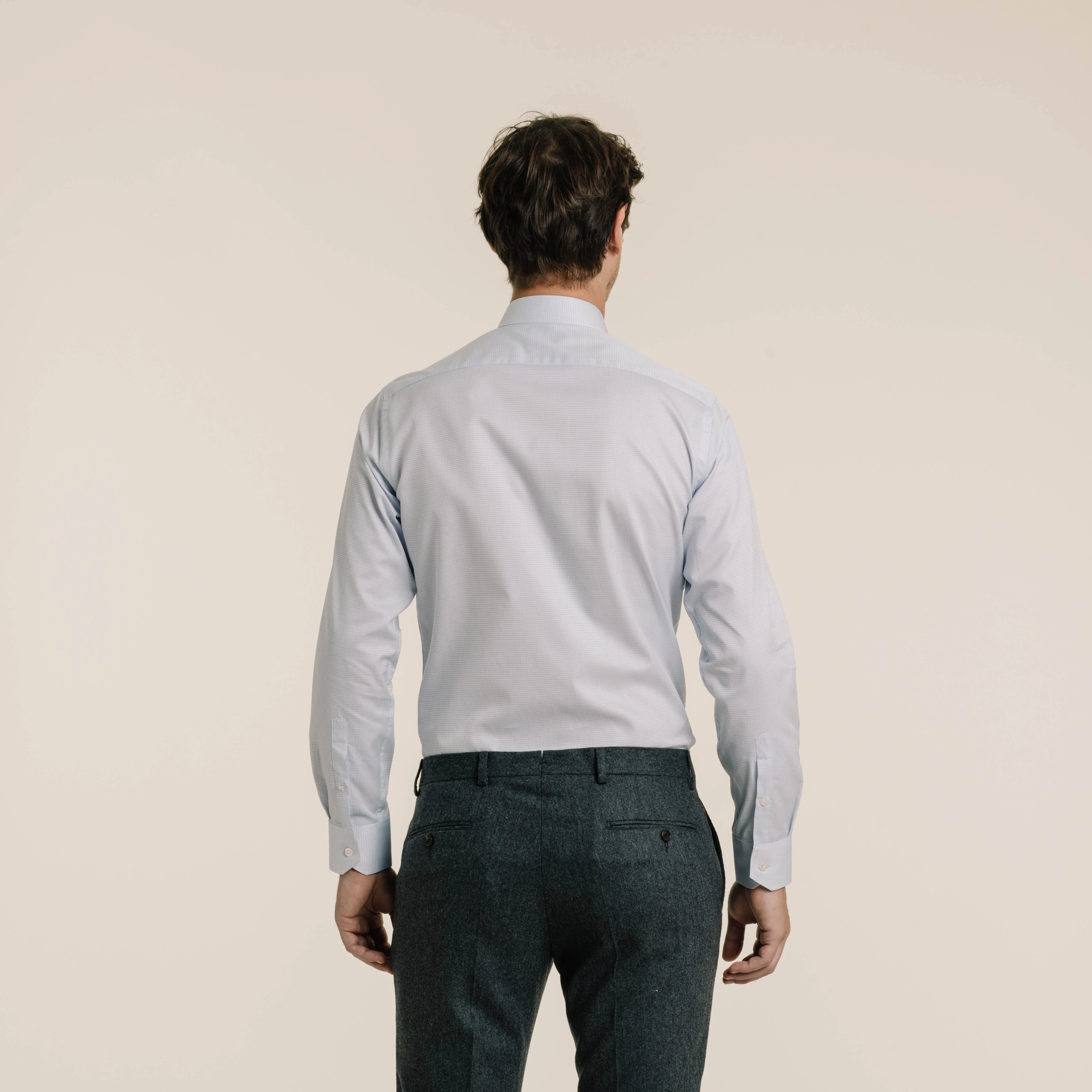 Double-twisted twill shirt with fine blue checks
