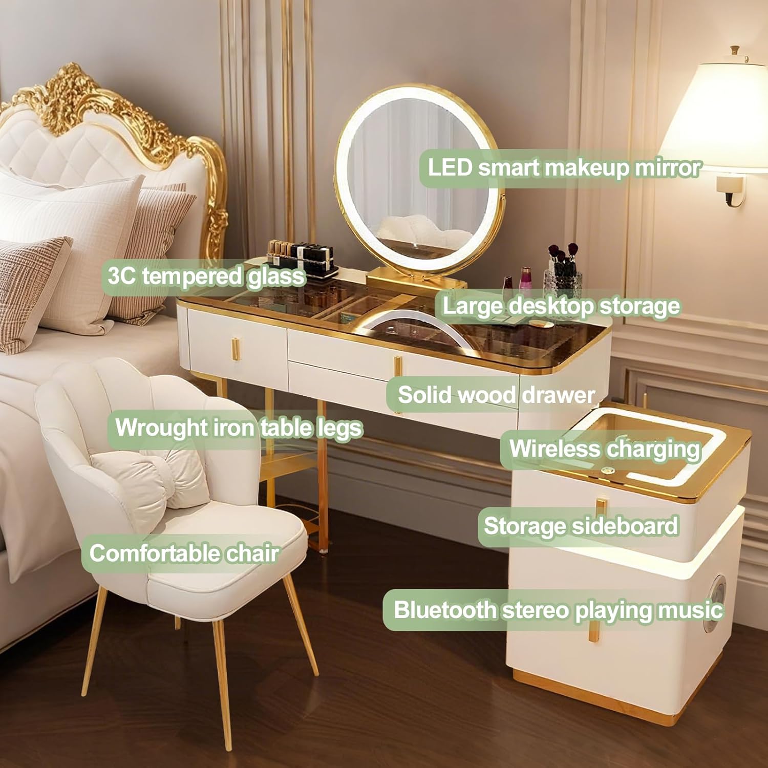 Generisch Große Schminktisch 100CM/80CM, Kosmetiktisch mit Spiegel 3 Einstellbare Helligkeiten, Frisiertisch mit Schubladen und Speichertischbeine Make up Tisch Set Schminktisch (Weiß + Gold, 100cm)