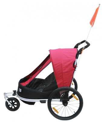 Remorque velo enfant - poussette couverte 2 places en alu maxi 36kg colori rouge avec roues 20  -fixation axe de roue - livre avec roue avant et poignee frein - pliable sans outil -