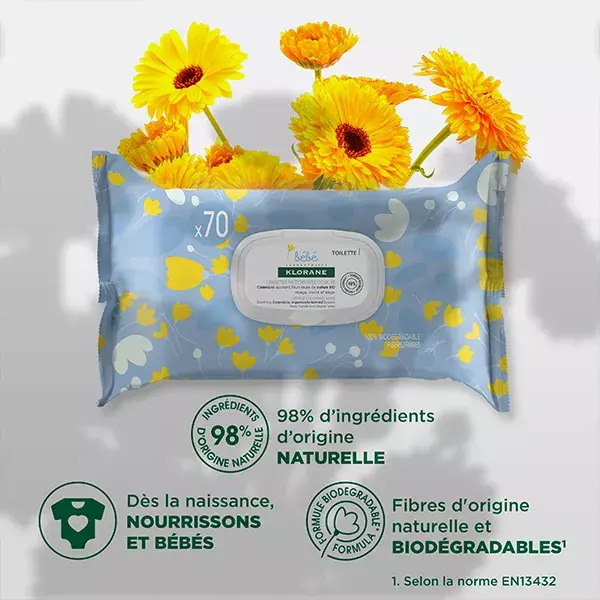 Lenços umedecidos de limpeza suave Klorane Baby Calendula, 70 unidades