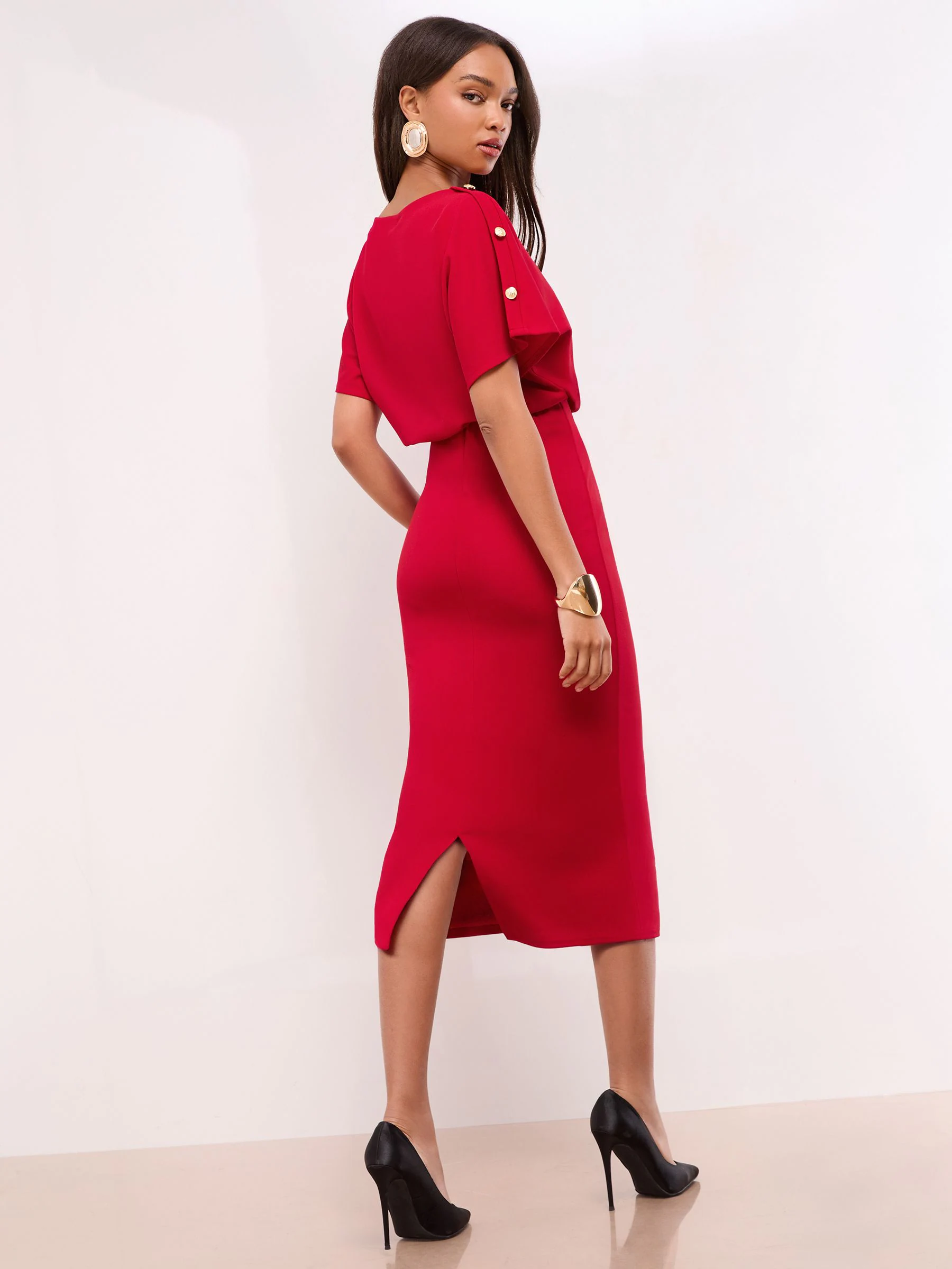 Rood - Lipsy Short Sleeve Button Detail Blouson Bodycon Midi Dress