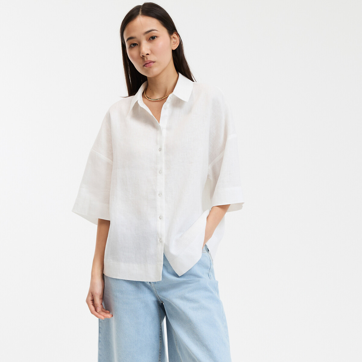 COLEÇÕES LA REDOUTE<br>Camisa de linho folgada com mangas até o cotovelo ÂMBAR