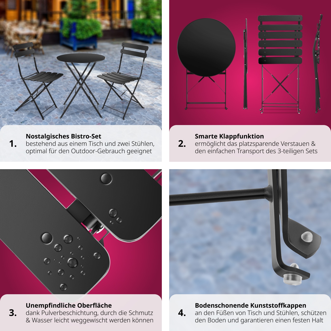 tectake® Bistrotisch Set, für 2 Personen, widerstandsfähig, Belastbarkeit Stuhl 120 kg