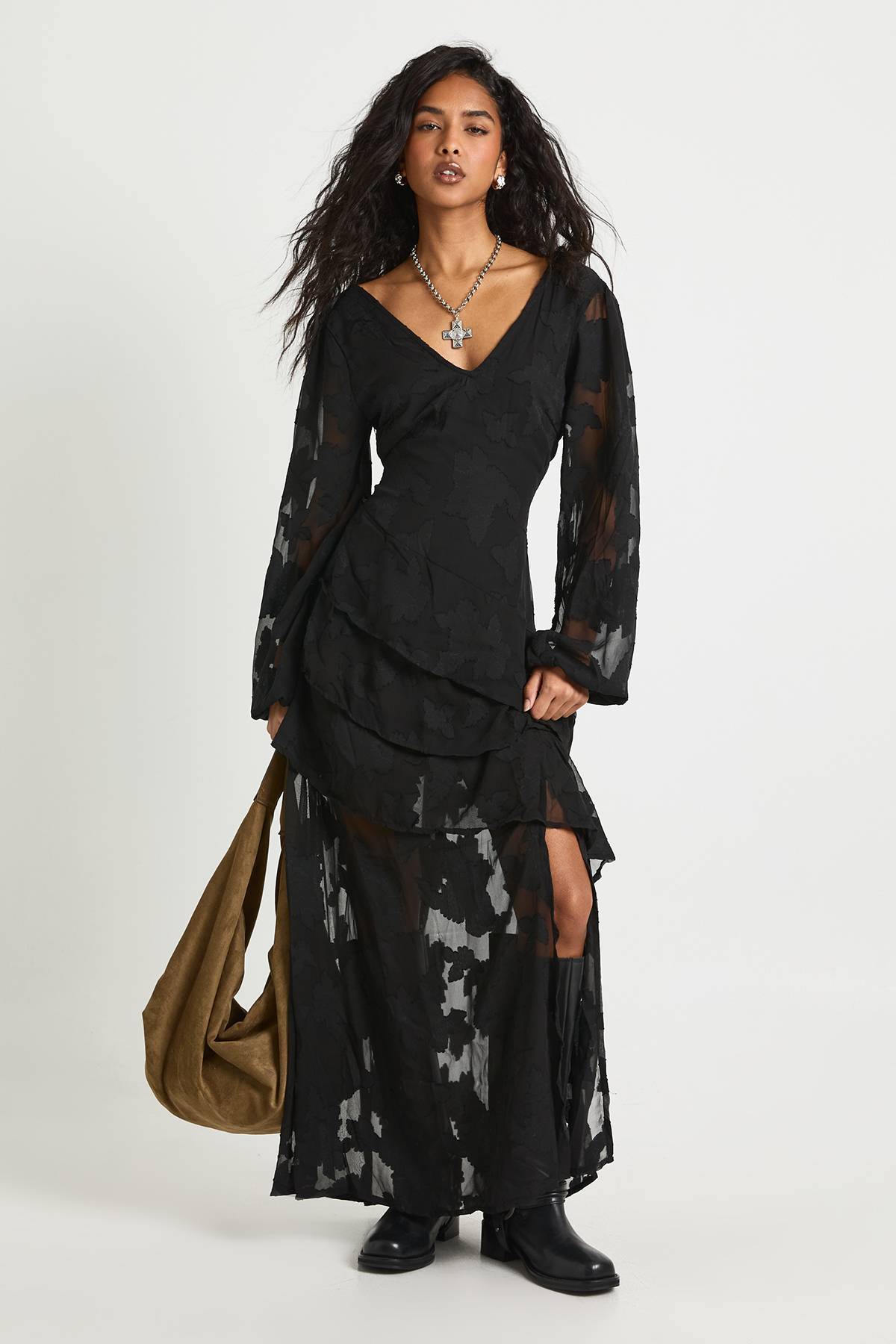 boohoo Burnout Floral Frill Detail Maxi Dress