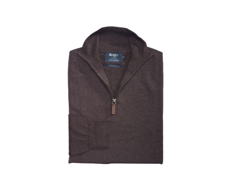 Pull fin homme coton bio/cachemire col zippé Chocolat Foncé - VLAD