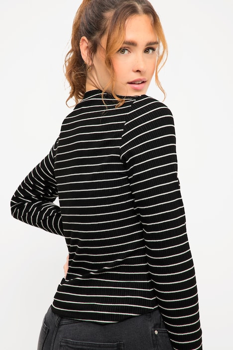 Rippshirt, Slim Fit, Ringel, Stehkragen, Langarm