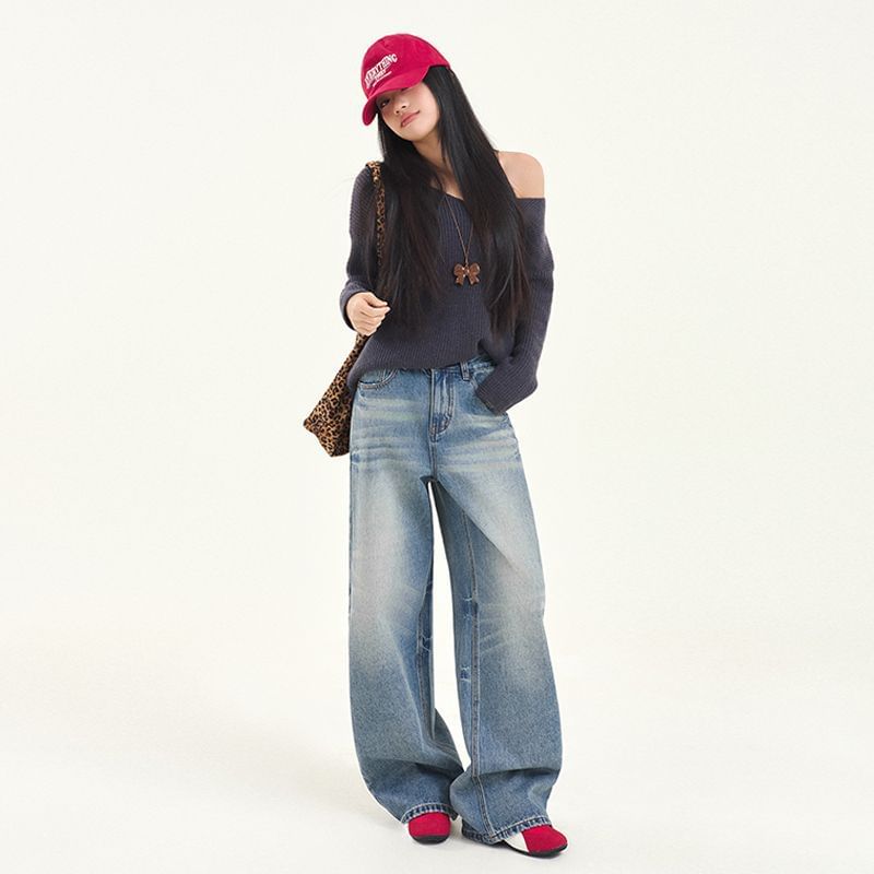 Denimot - Mid Rise Washed Wide Leg Jeans (diverse designs)