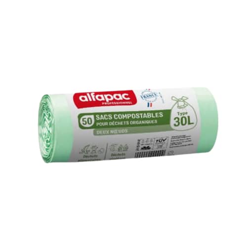 Sacs poubelle compostables 30L vert 16µ lien tulipe Alfapac