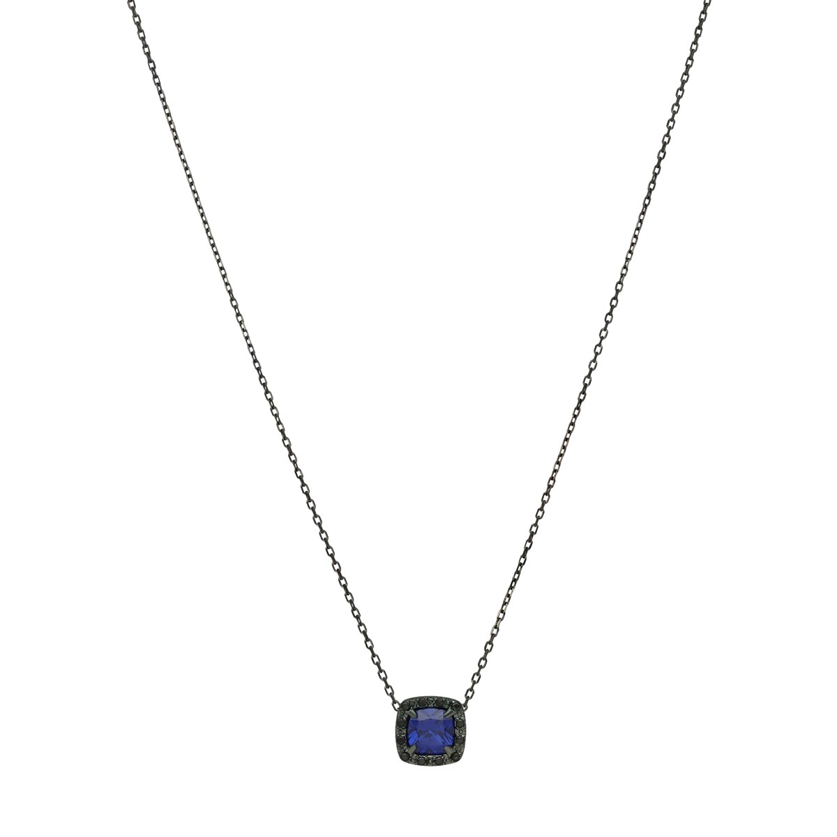 Collier Argent Noir Solitaire Carre Bleu