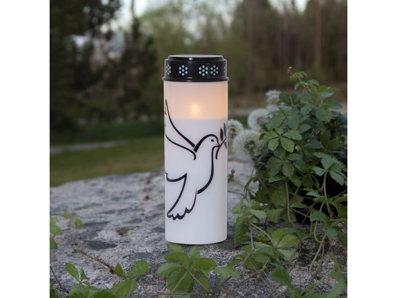 Star Trading LED Grabkerze Taube, Ø 7.5 x 20.5 cm, Weiss LED-Gedenkkerze mit Taubenmotiv