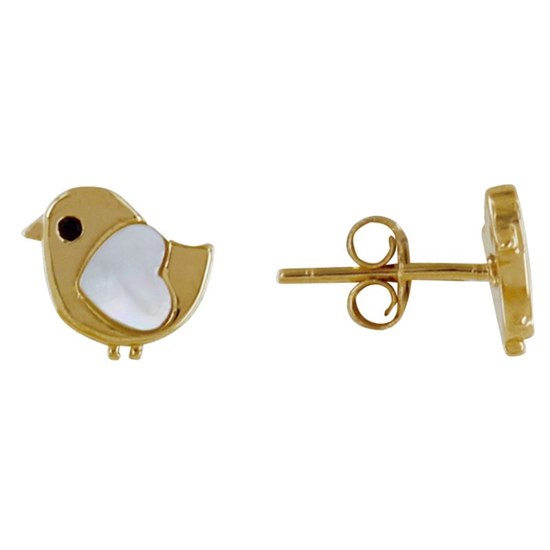 Boucles d'Oreilles Plaqué Or Petit Oiseau et Coeur de Nacre