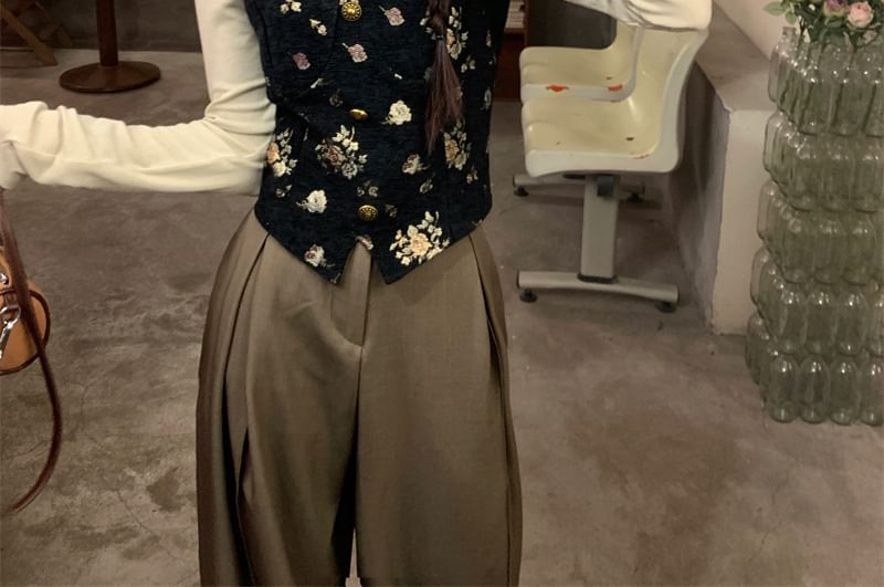 Duwnie - Tanktop met vierkante hals en bloemenprint / T-shirt met lange mouwen en coltrui / Broek met hoge taille en wijde pijpen