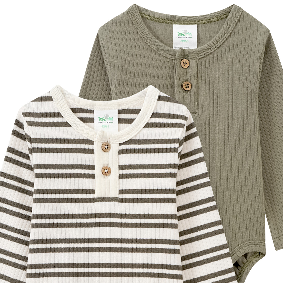 Topomini Pure Collection 2 Baby Langarmbodys mit Rippstruktur cremeweiss / oliv